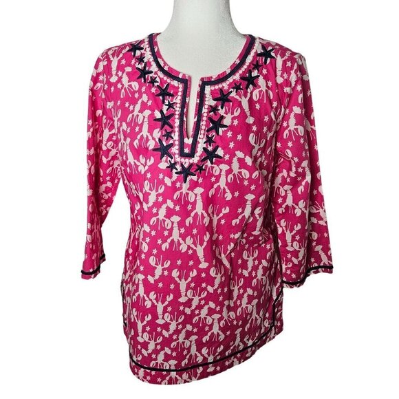 Talbots Size Small Tropical Coastal Embroidered Lobster Rockstar Tunic Top Pink - Picture 2 of 9